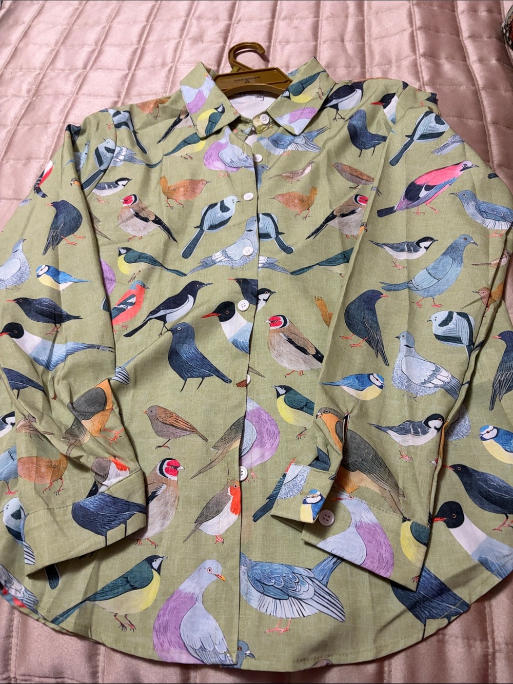 Bird-Print Button-Up Blouse in Olive Green